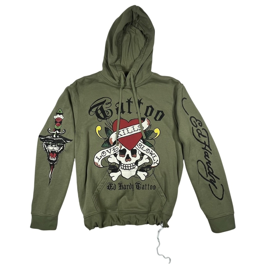 Ed Hardy Hoodie Mens Medium Olive Green Tattoo Graphic Love Kills Slowly *Flaws - Picture 3 of 14